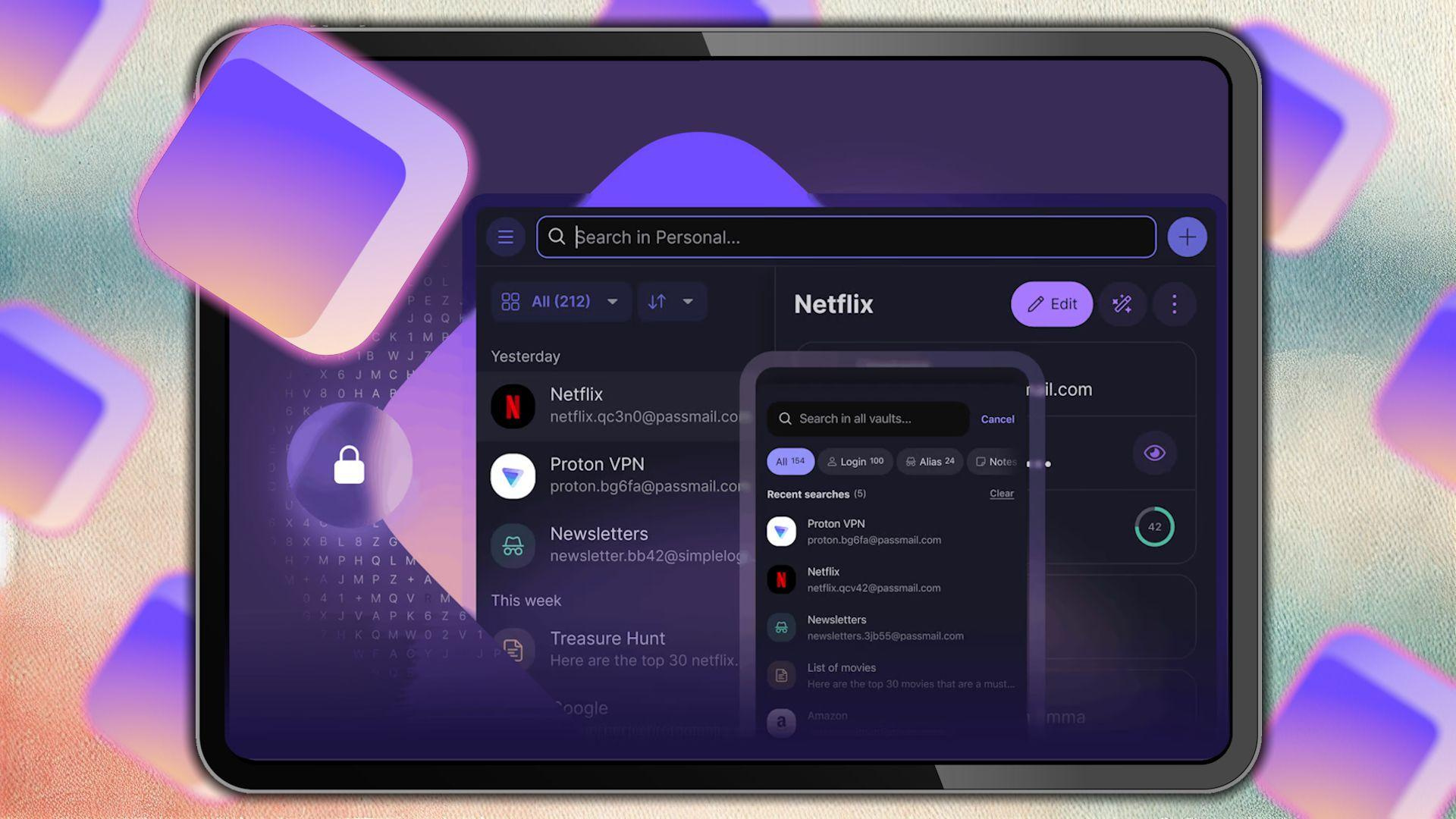 proton pass logo and interface on tablet screen.